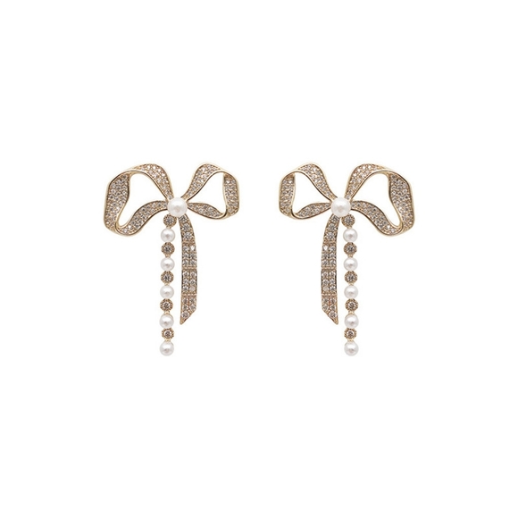 925 Silver Needle Diamond Bow Pearl Earrings - Picture 1 of 5